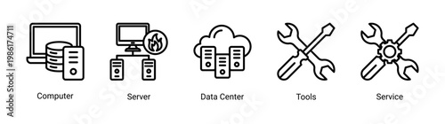 Server environment icon set with data center,server,and service elements.Ideal for cloud computing and IT infrastructure designs.