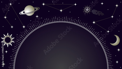 太陽、月、装飾的な星座のパターンをあしらった、神秘的な天体の背景／Mystical Celestial Background with Sun, Moon and Decorative Constellation Patterns
