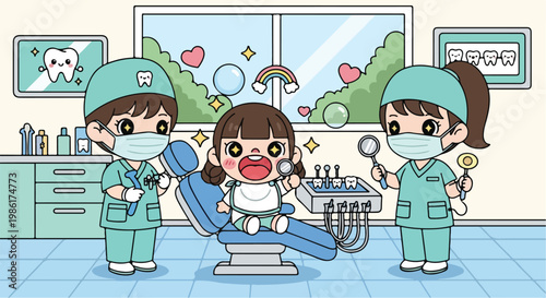 Child receiving dental treatment from dental professionals in a modern dental clinic with dental tools and equipment