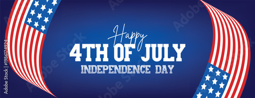 Happy 4th of July Independence Day banner with american flags on sides and central text for patriotic holiday celebration social media cover design