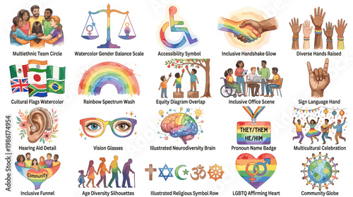 Diversity and inclusion icon set with multicultural people, equality scales, wheelchair access, sign language, pride symbols, community support and human rights concepts