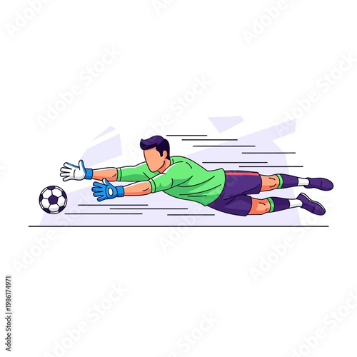 Soccer goalkeeper diving, saving ball, sports illustration, athletic action isolated on White Background