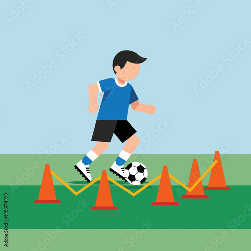 Soccer player, kid kicking ball, training cones, football practice, sports skill isolated on White Background