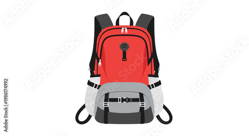A stylish red and grey multi-compartment backpack with black adjustable straps and silver zippers stands ready for travel on a pristine white background area.