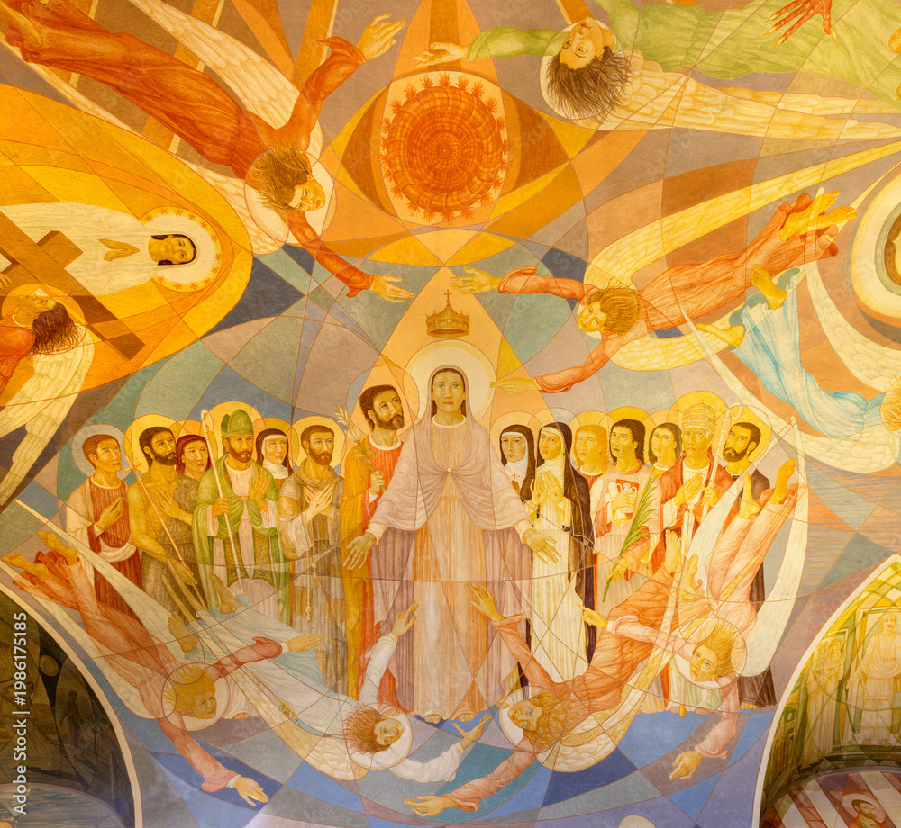 Fototapeta premium CREMA, ITALY - MARCH 20, 2026: The detail of ceiling fresco in sacristy (Corontaion of Virgin Mary) of the church Santuario di Santa Maria della Croce by Rosario Follini (1998).