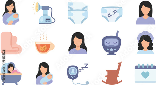 Maternity and baby care vector icon set including breast pump diapers and nursing woman on transparent background design.