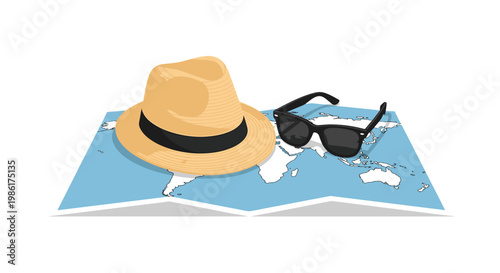 A stylish straw fedora hat with a black ribbon band and dark sunglasses rest on a folded blue world map displayed against a pristine white background space.