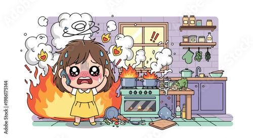 Cartoon girl panicking and crying in a burning kitchen with smoke and flames around stove and oven