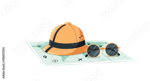 A tan explorer pith helmet and round sunglasses sit atop a green world map marked with location pins and flight paths for a global adventure expedition.