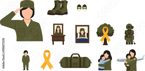 Military family and veteran support icons showing female soldier in uniform with children yellow ribbon and memorial frame.