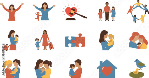 Motherhood concept flat icon set featuring various diverse family combinations single parents foster care and adoption.