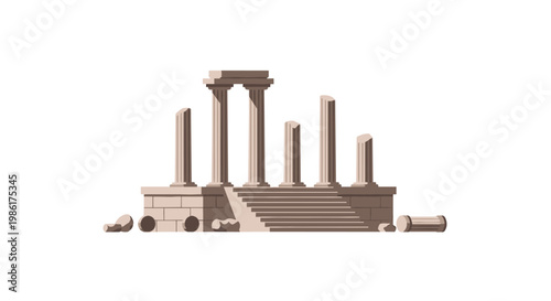 Ancient stone temple ruins stand with weathered columns and a wide central staircase under a clear sky in a minimalist architectural illustration style.