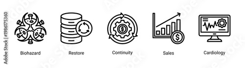 Recovery action icon set featuring restoration,continuity,and emergency response concepts.Suitable for disaster recovery and safety visuals.