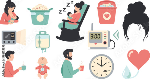 Newborn baby care routine flat vector illustration with parents, tools, and schedule for early morning.