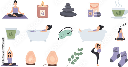 Self-care and relaxation items: yoga, meditation, bath, sleeping mask, tea, candles, salt lamps, spa elements.