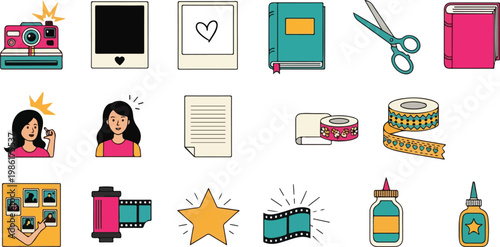 Scrapbooking and photography hobby icons with polaroid camera film scissors glue tape notebook and memories elements set.