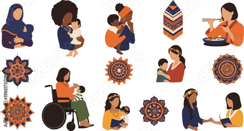 Set of maternal care illustrations, showcasing mothers with children and cultural elements.