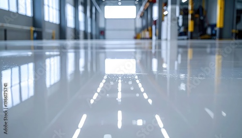 Modern industrial warehouse floor with reflective surface and natural light.