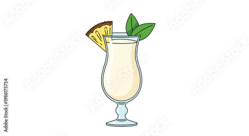 A classic creamy white Pina Colada cocktail served in a curved hurricane glass features a fresh pineapple garnish and two upright green mint leaves on white.