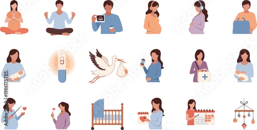 Set of pregnancy and newborn illustrations, featuring expectant mothers and baby items.