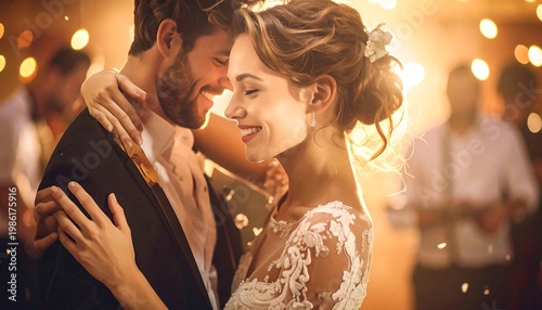 Smiling couple warmly embraces while dancing at a wedding reception with golden bokeh background