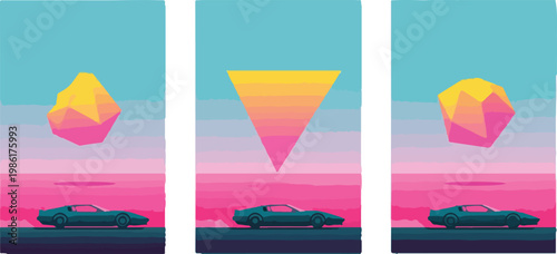 Vaporwave style landscape with retro sports car driving under geometric floating shapes in pink and blue sunset horizon.