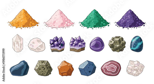 A comprehensive collection of vibrant mineral powders and diverse gemstones displays unique textures and colors ranging from deep purple amethyst to golden pyrite.