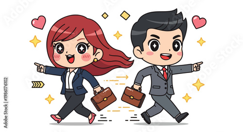 Cute cartoon businesspeople characters walking happily with briefcases and hearts in a cheerful office environment