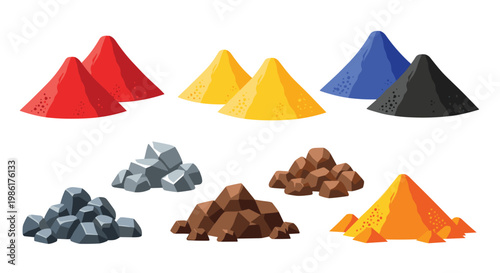A diverse collection of vibrant pigment powders in conical heaps and jagged mineral rocks sits neatly arranged against a pristine white background.