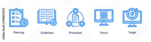 Planning basics icon set with workflow,guidelines,and goal-oriented concepts.Ideal for strategy,management,and business planning visuals.
