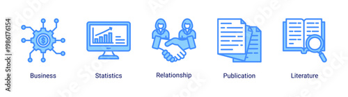 Business insight icon set featuring data analysis,communication,and reporting elements.Perfect for corporate and analytical design projects.