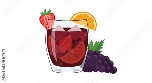 A sophisticated glass of dark red sangria featuring floating orange slices and ice cubes stands beside a lush cluster of deep purple grapes on white.