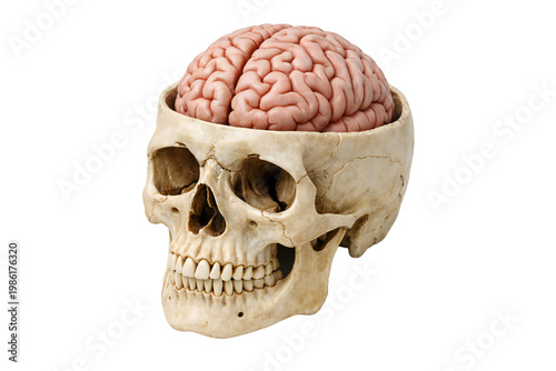 Human skull  with brain model isolated on transparent background..