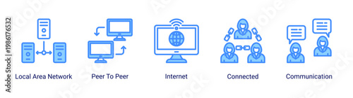 Network flow icon set featuring connection,internet,and communication systems.Suitable for networking and digital communication visuals.
