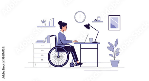 A professional woman sitting in a modern wheelchair works diligently on her laptop at a minimalist desk equipped with a lamp and office accessories in a room.