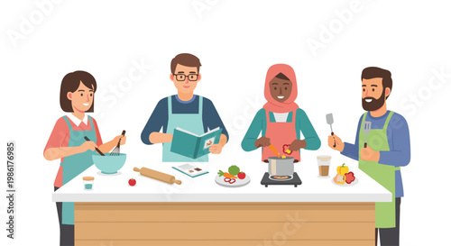 A diverse group of four cheerful friends including a woman in a pink hijab prepare a healthy meal together at a spacious white kitchen island in a bright home.
