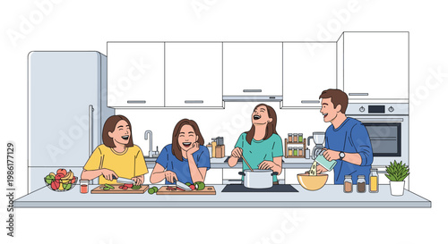 Four joyful young friends laugh and converse while preparing fresh vegetables and cooking a meal together in a modern well-equipped white kitchen at home.