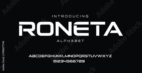 A sleek and modern alphabet font introduction with white text on a black background