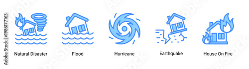 Disaster events icon set with natural hazards and emergency situations.Ideal for crisis management and environmental risk designs.