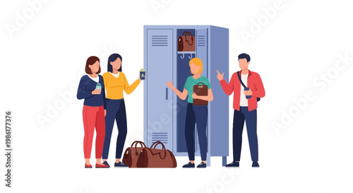 Students Using Locker Room for School Admiration and Interaction