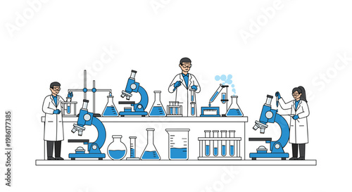 Professional scientists in crisp white coats conduct meticulous research using blue microscopes and glass beakers within a clean and modern laboratory.