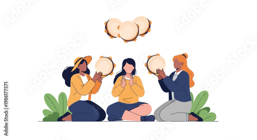 Women and Girl Playing Peruvian Harp Together in Nature