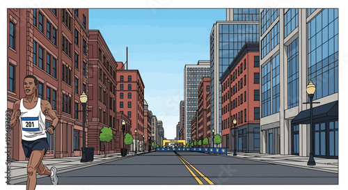 Marathon runner sprinting through city street, urban race competition with brick buildings, athlete running on asphalt road in comic book style vector