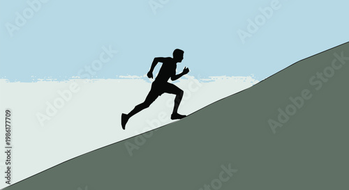 Silhouette of man running uphill, determined athlete sprinting up mountain slope, concept of perseverance and ambition, vector illustration