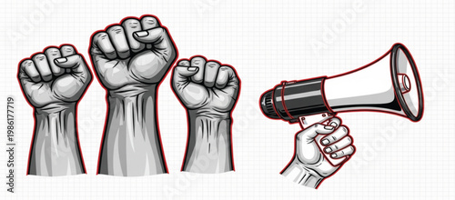 Protest Raised Fist Hands and Megaphone Vector Set with Activism Demonstration Power Symbol for Social Justice Campaign Design