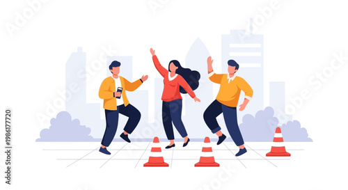 Happy Friends Dancing and Jumping Outdoors in City Park