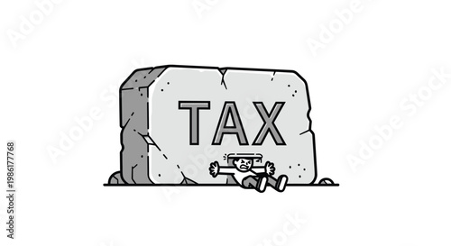 A distressed cartoon man struggles desperately while being pinned under a massive grey stone block engraved with the word TAX on a plain white ground.