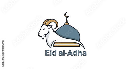 Eid al-Adha celebration with goat and mosque dome.