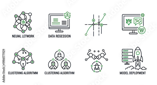 Collection of machine learning and artificial intelligence icons.