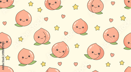 Cute kawaii peaches and stars seamless pattern